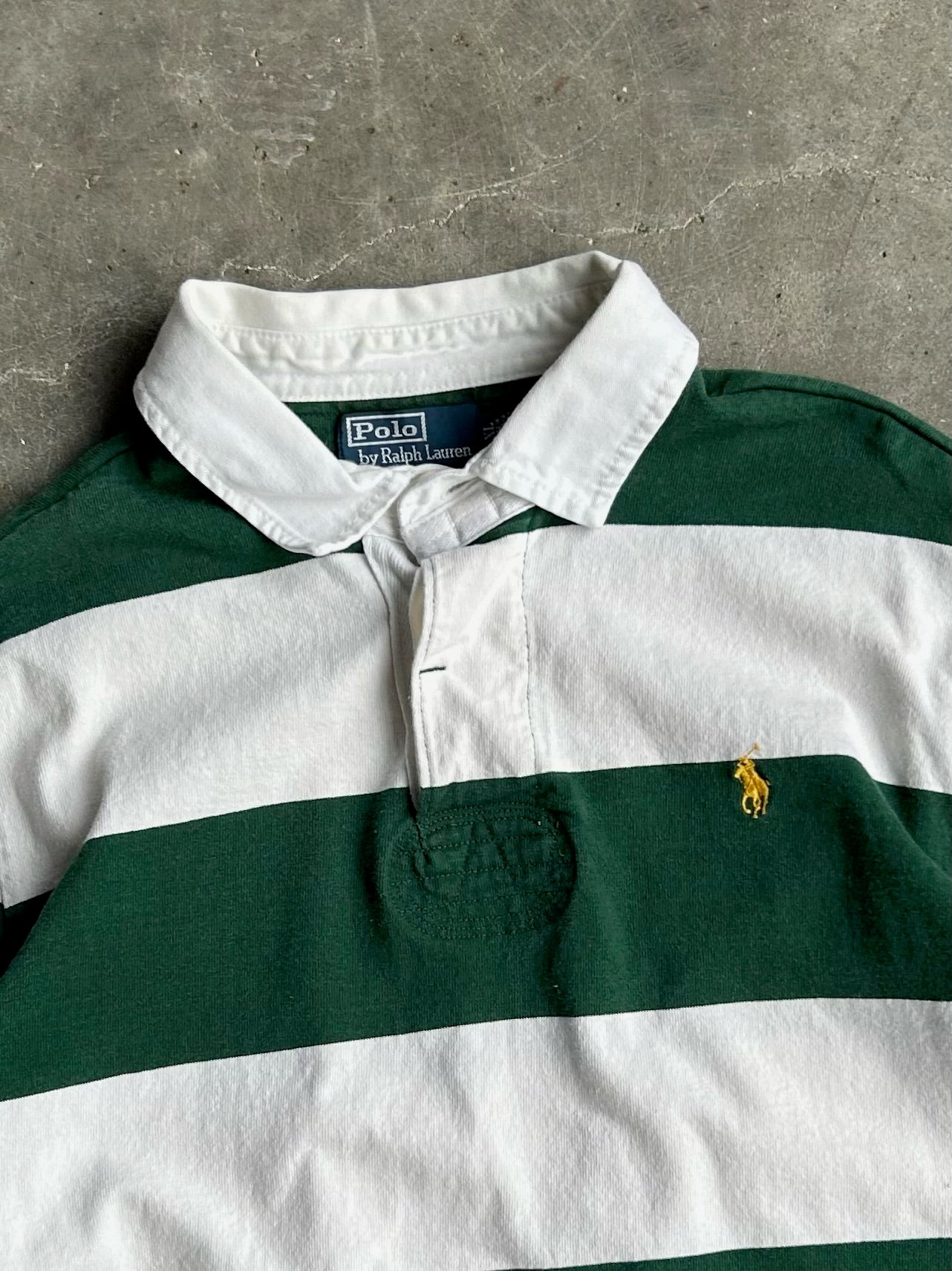 Vintage Green Striped Cropped Polo Rugby Long Sleeve - XL