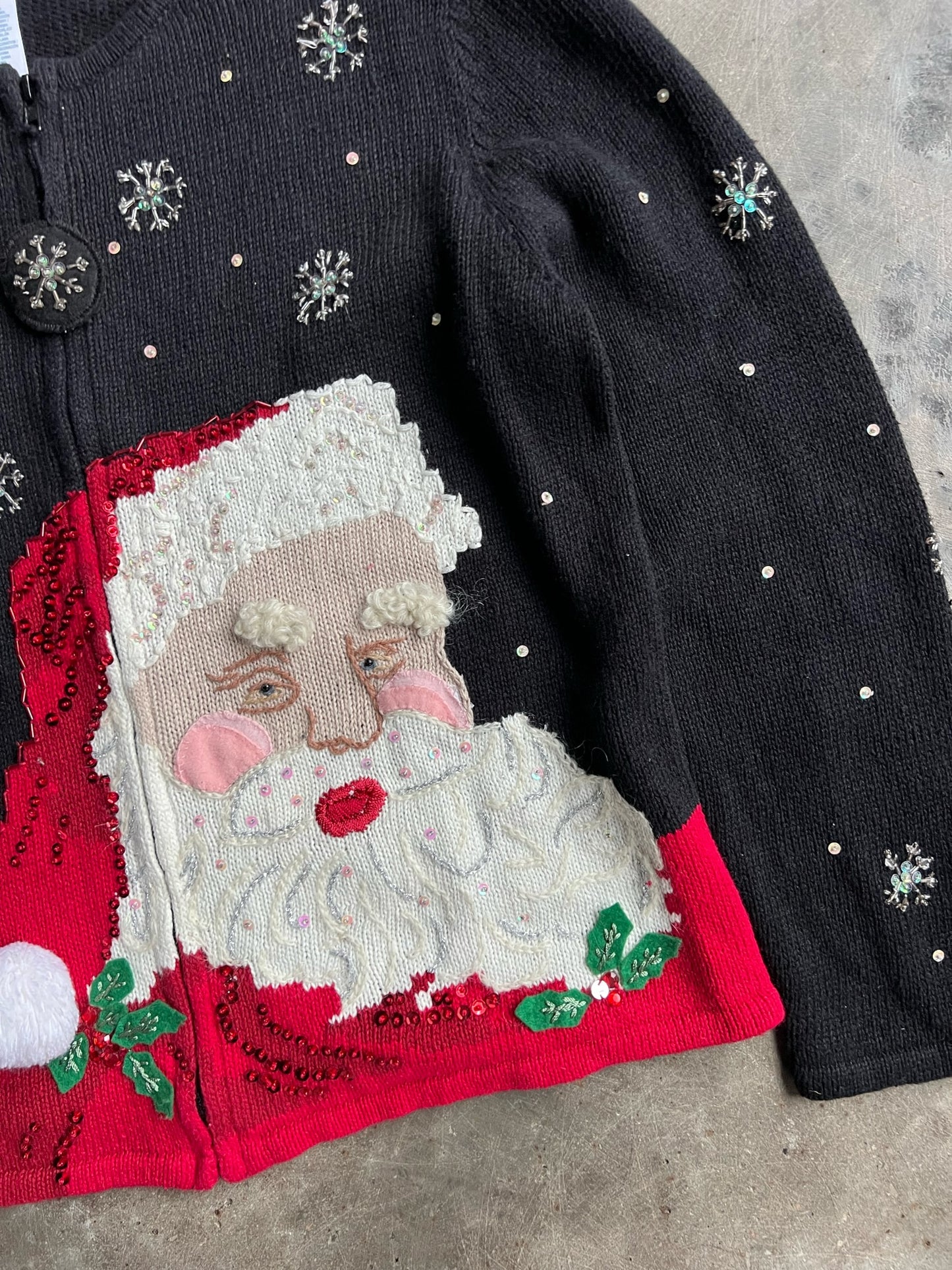 Vintage Embroidered Sequin Santa Zip Up Sweater - XL