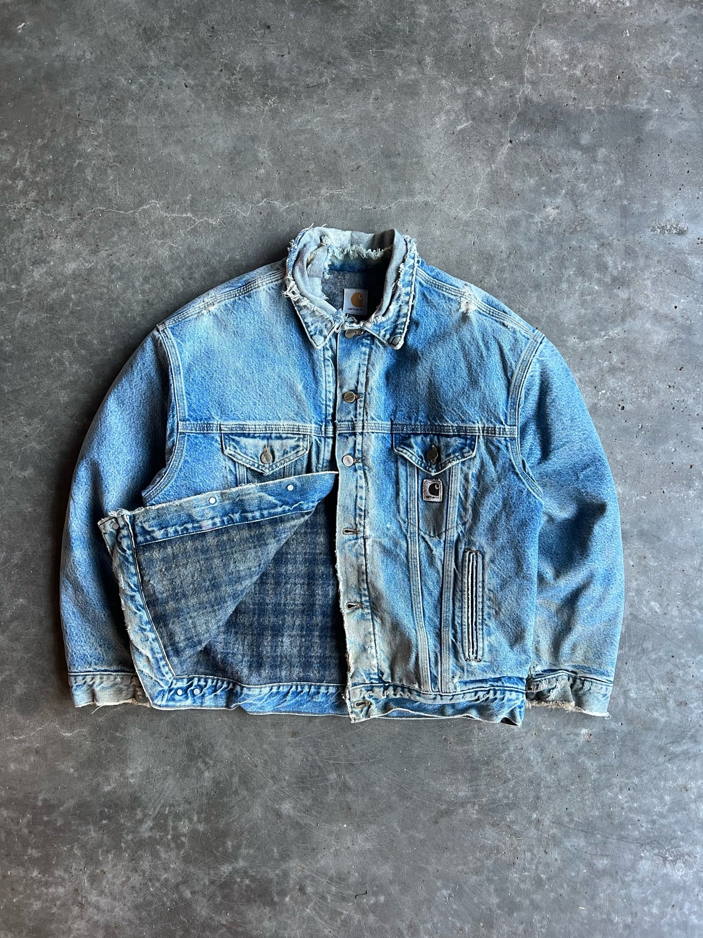 Vintage Distressed Blue Denim Flannel Lined Button Down Carhartt Jacket - XL