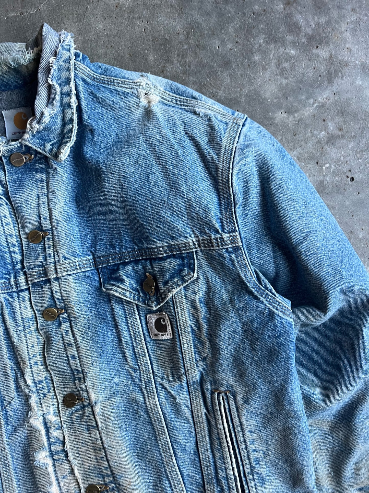 Vintage Distressed Blue Denim Flannel Lined Button Down Carhartt Jacket - XL