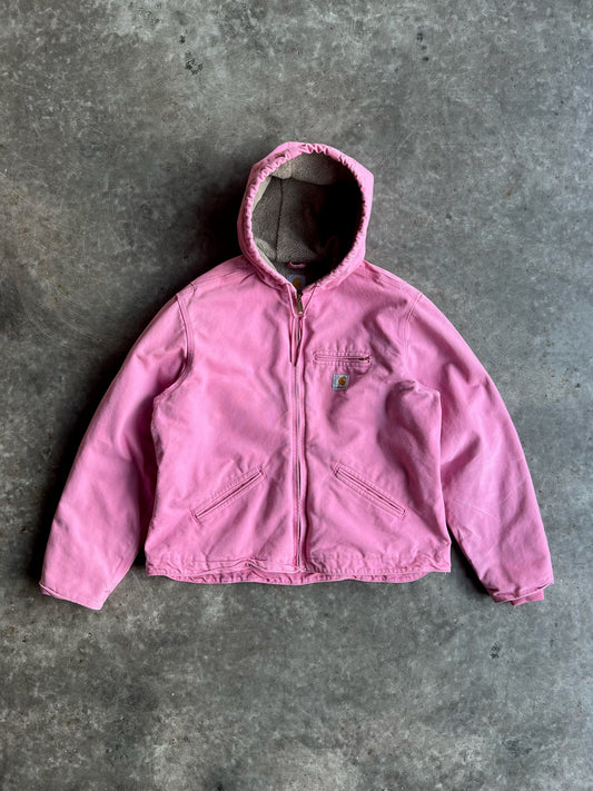 Vintage Baby Pink Sherpa Lined Hooded Carhartt Jacket - XL