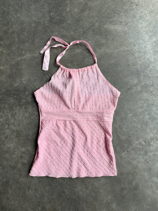 Vintage Baby Pink Sequin Toe Halter Top - L