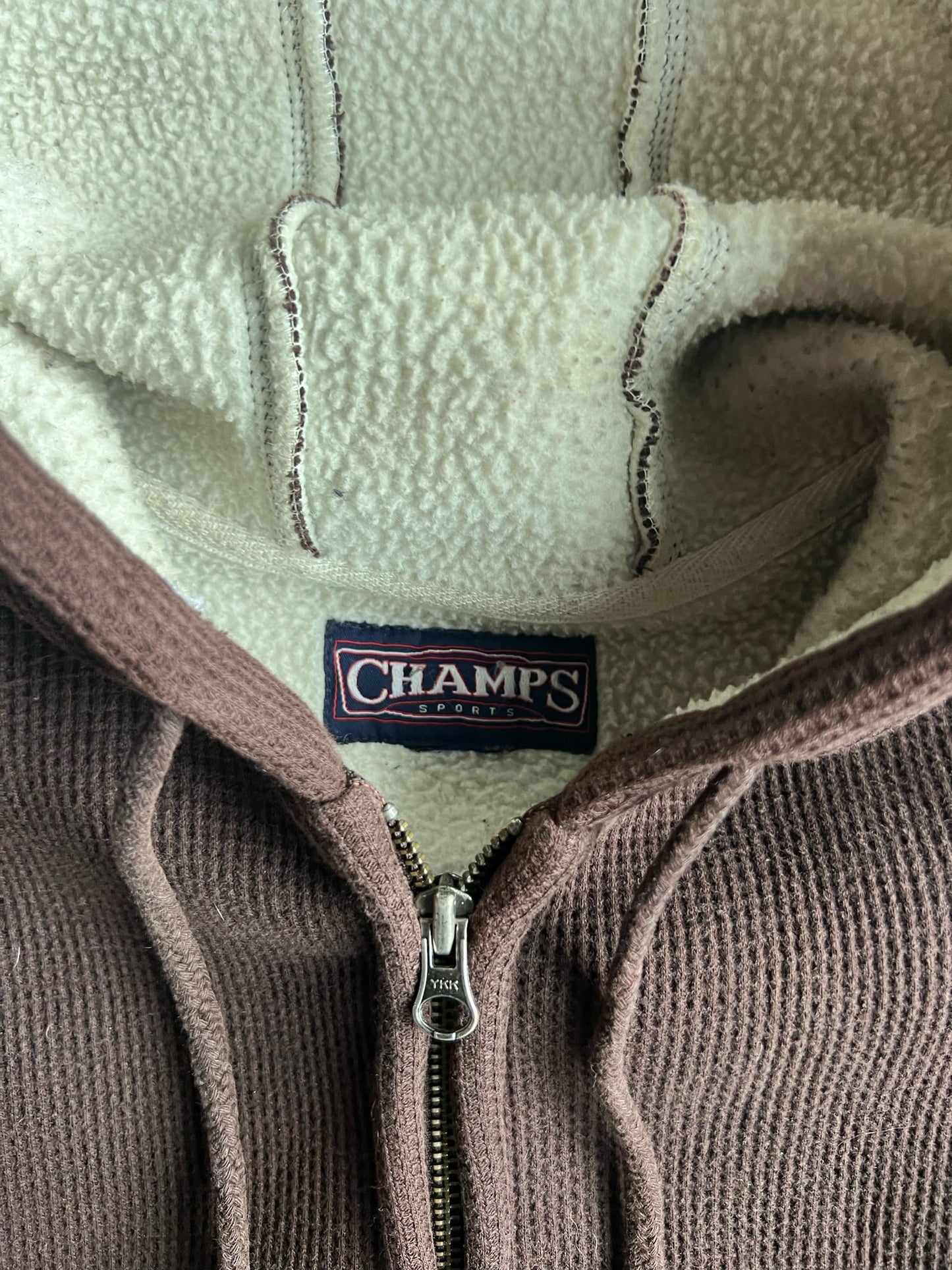 Vintage Brown Thermal Fleece Lined Champs Zip Up Hoodie - XL