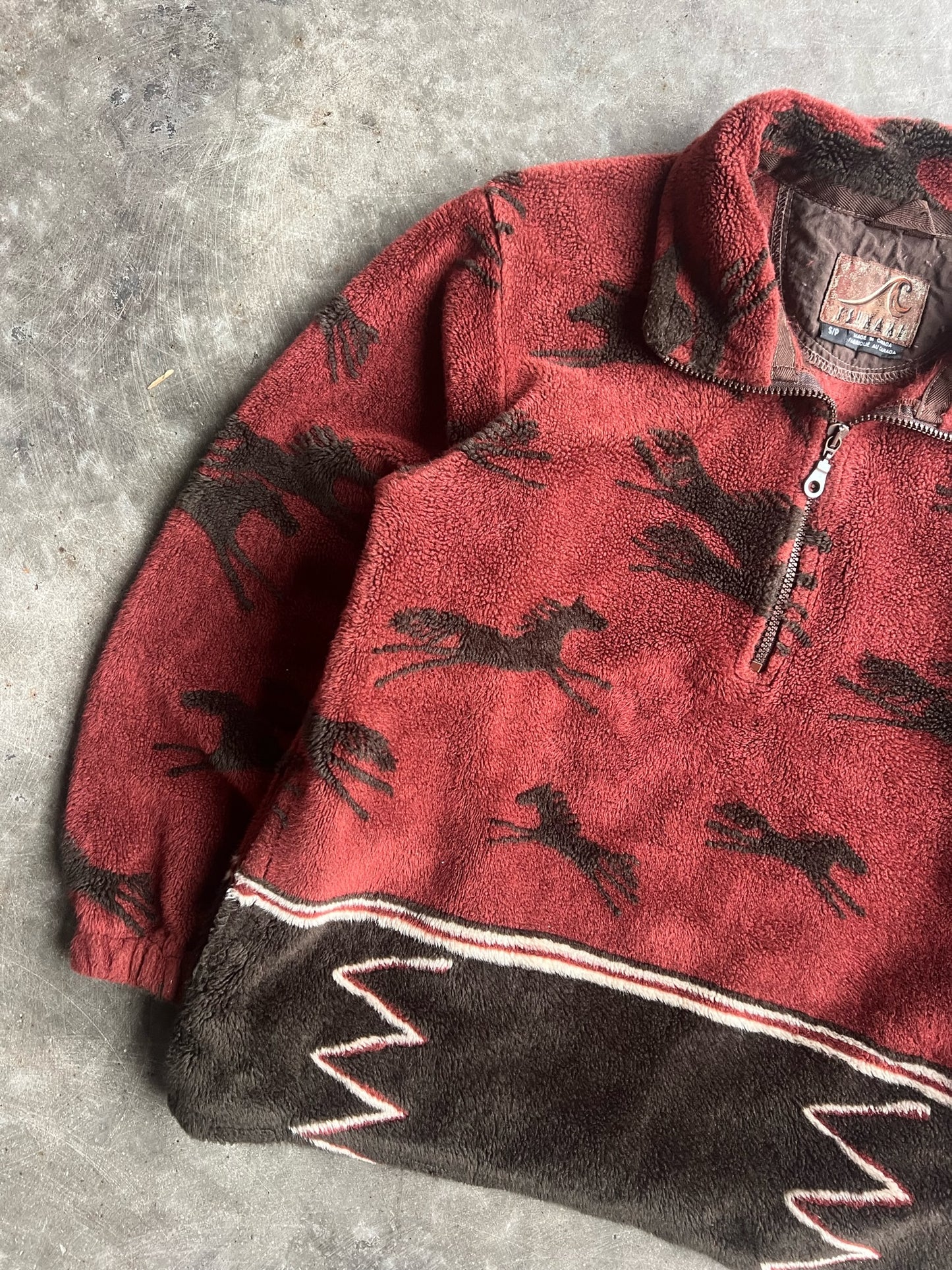 Vintage Tsunami Deep Red Horses Fleece Quarter Zip - S