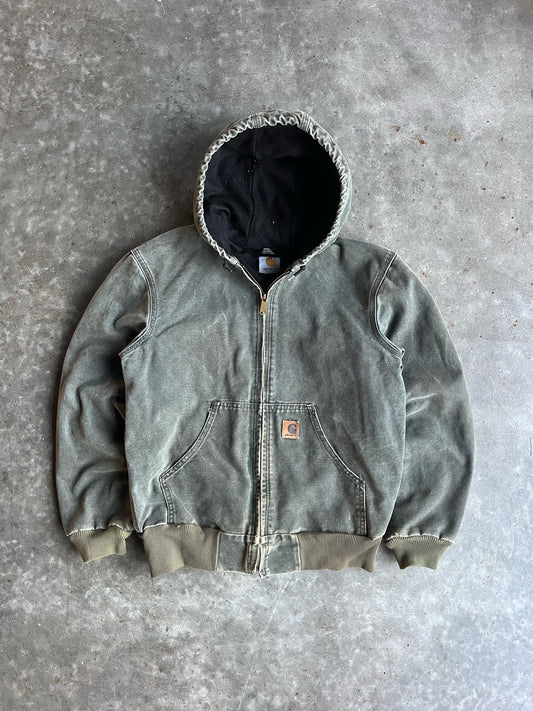 Vintage Faded Green Hooded Carhartt Jacket - M