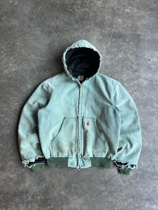 Vintage Faded Green Hooded Carhartt Jacket -S