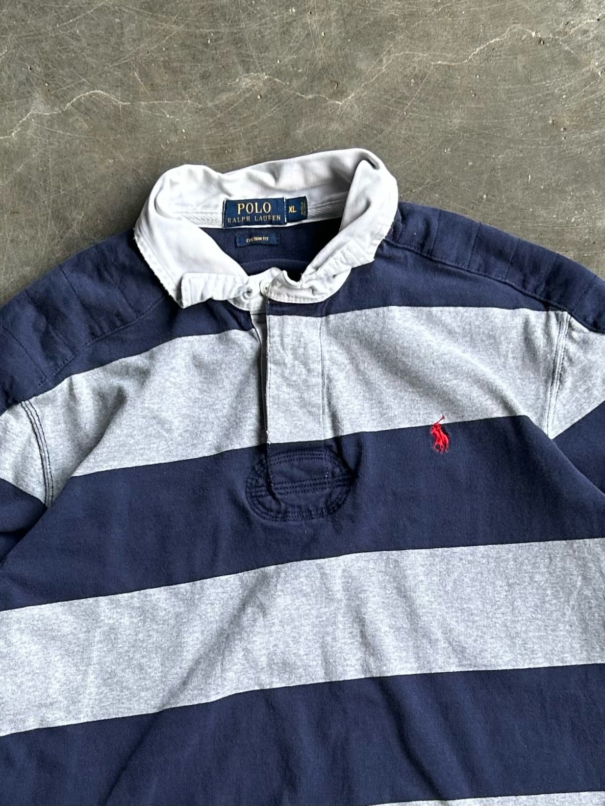 Vintage Navy And Grey Striped Cropped Polo Rugby Long Sleeve - L