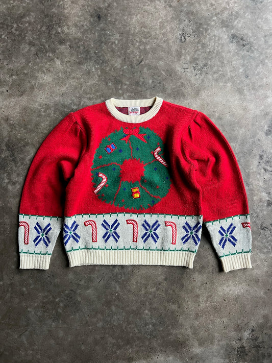 Vintage Red Christmas Wreath Sweater - M