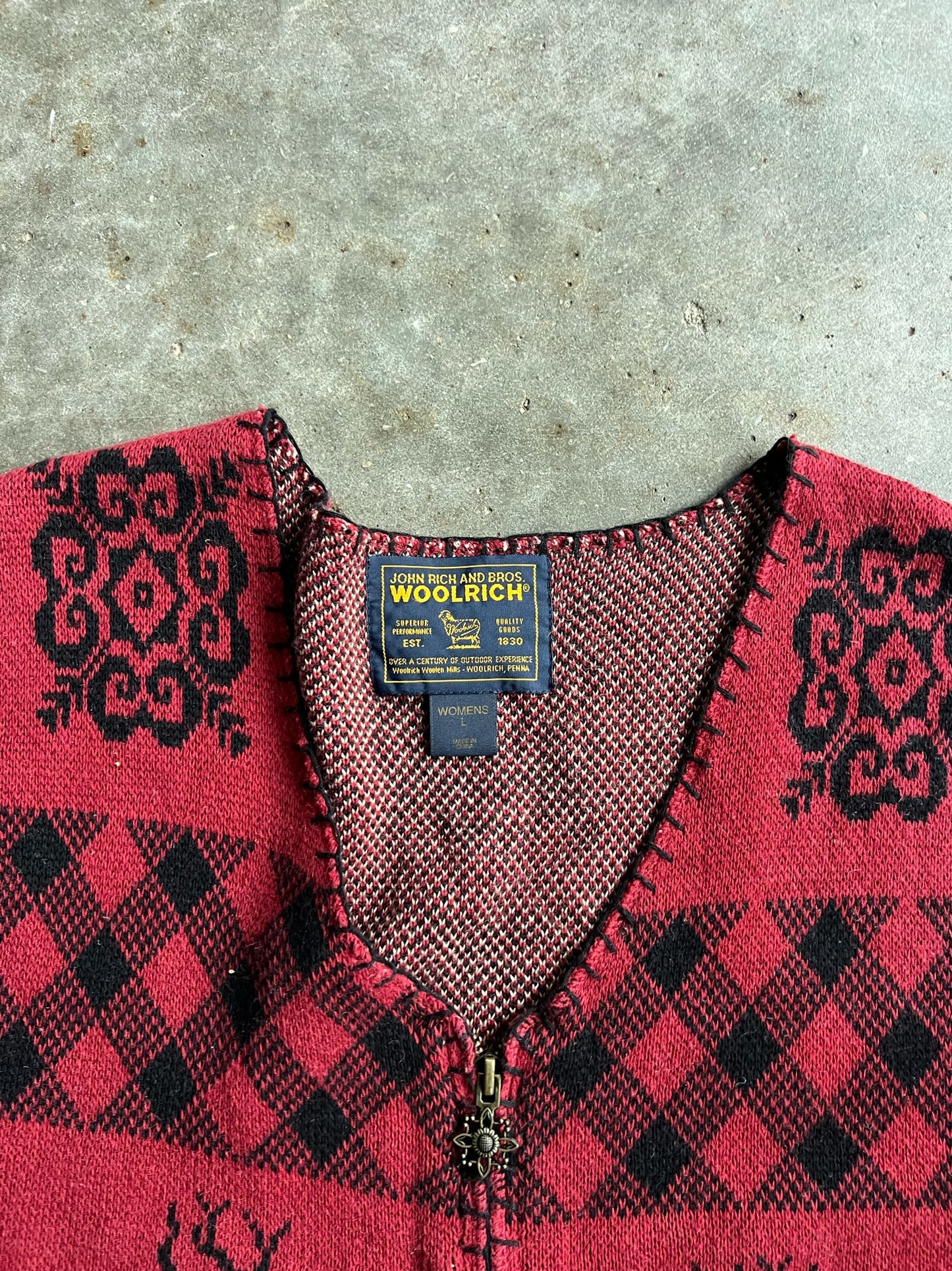 Vintage Red Holiday Pattern Woolrich Zip Up Sweater Vest - L