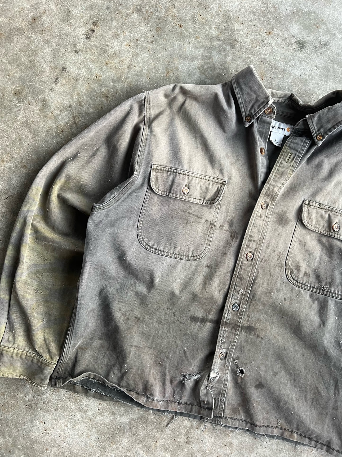 Vintage Dark Grey Distressed Carhartt Button Up - L