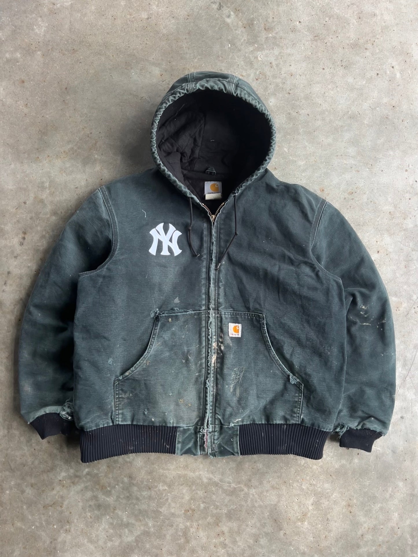 Vintage Navy Painted Distressed Yankees Hooded Carhartt Jacket - L