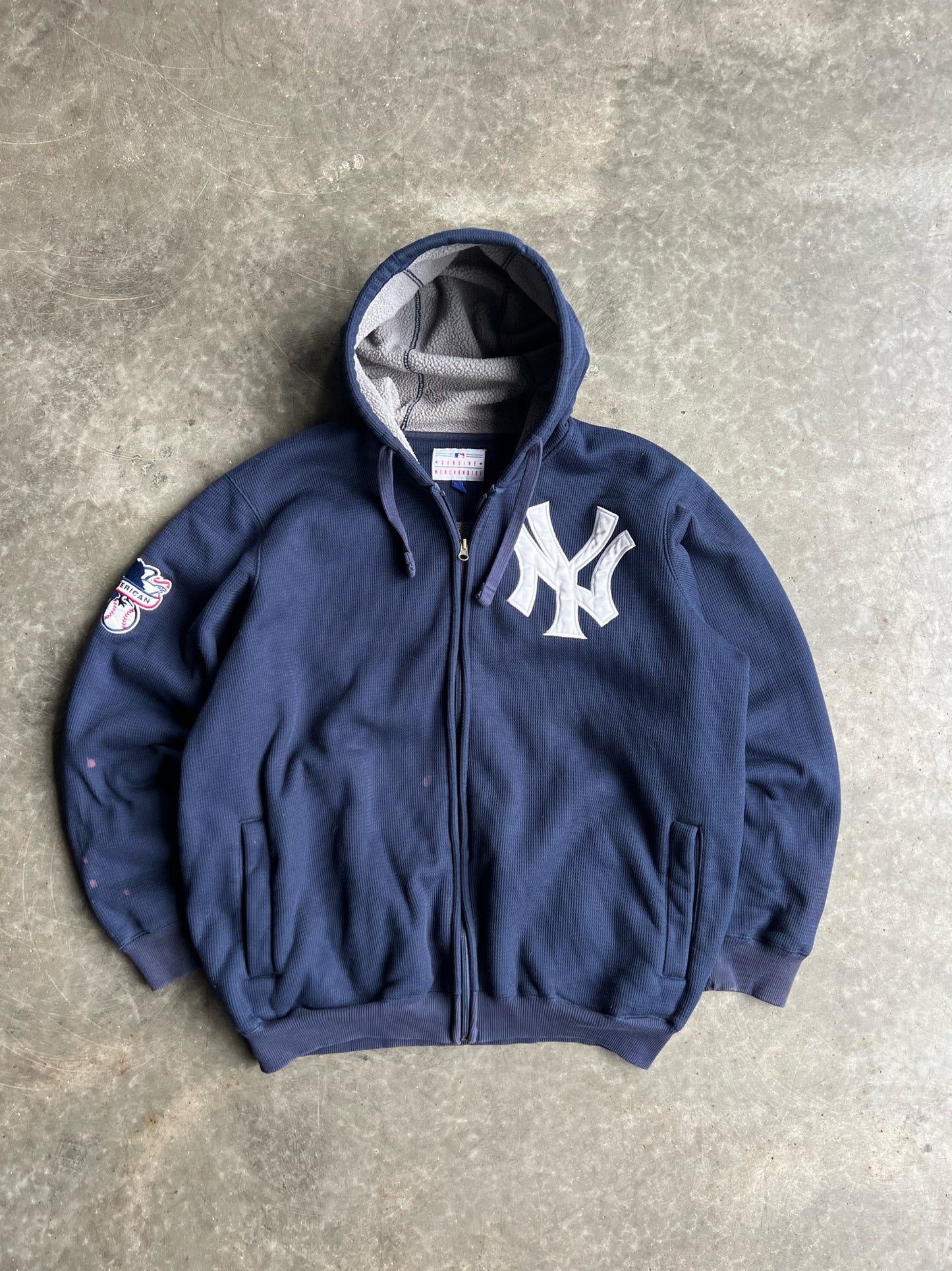 Vintage Navy Fleece Lined Thermal Yankees Zip Up Hoodie - XL