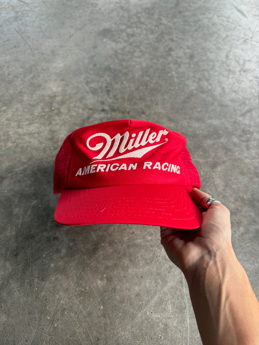 Vintage Distressed Red Miller American Racing Snapback Hat