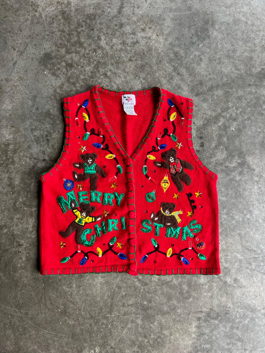 Vintage Red Christmas Light Sweater Vest - L