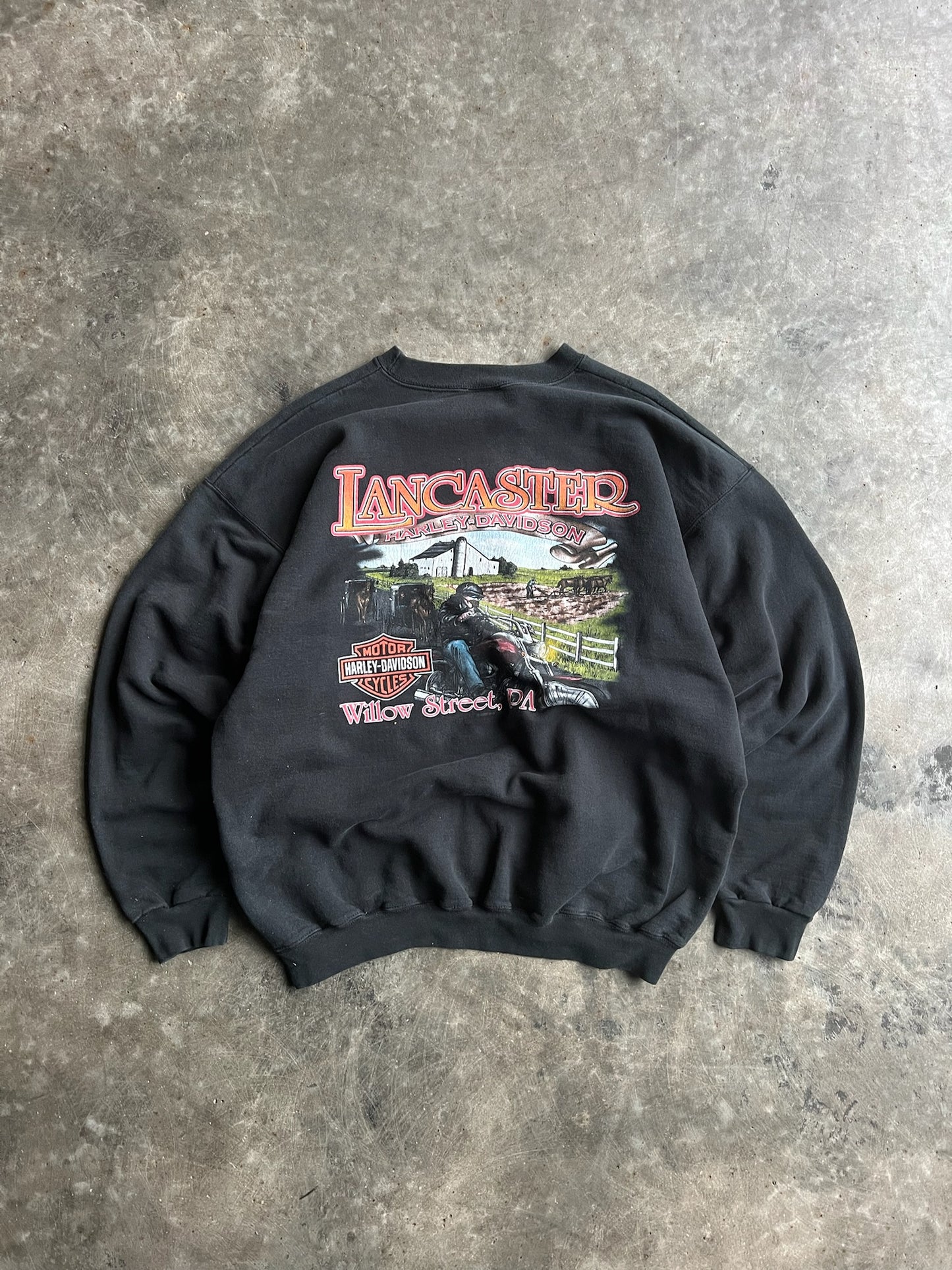 Vintage Black Lancaster Harley Davidson Crew - L