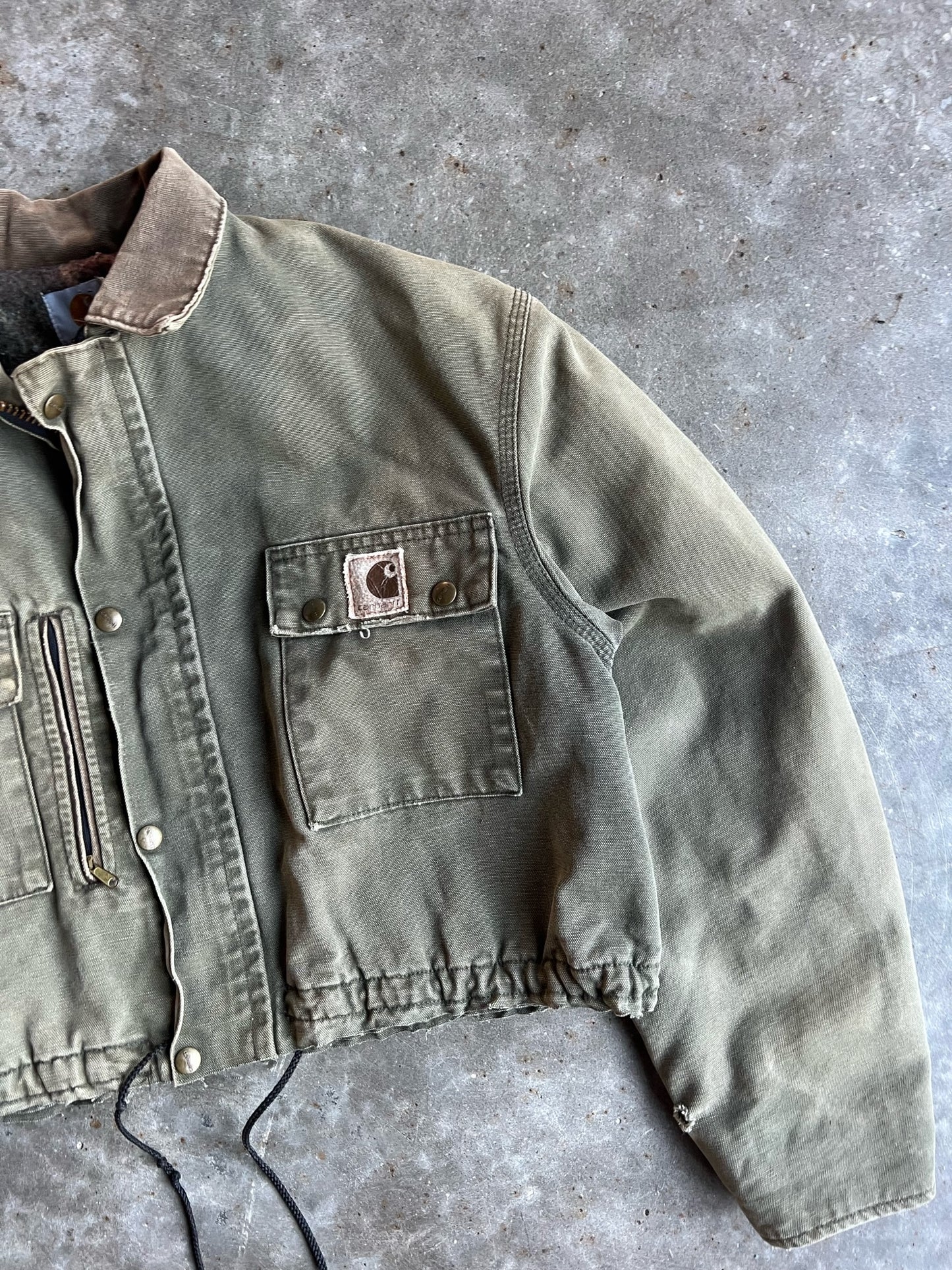 Vintage Faded Olive Green Flannel Lined Cropped Carhartt Jacket - M