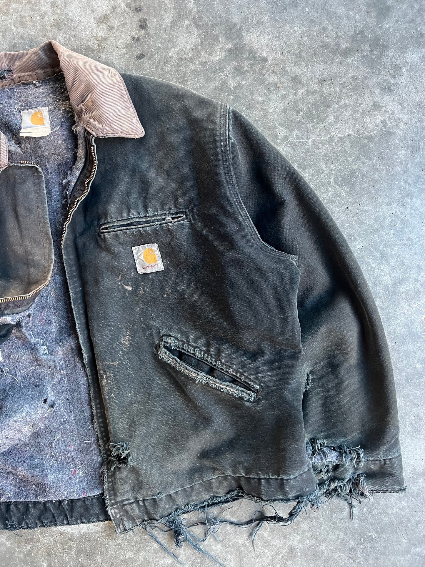 Vintage Faded Black Distressed Flannel Lined Carhartt Detroit Jacket - XL