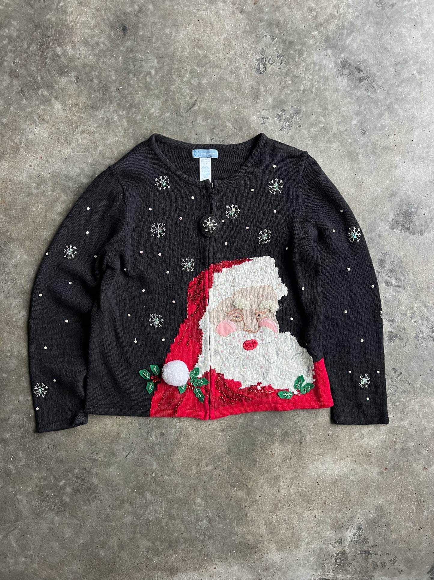 Vintage Embroidered Sequin Santa Zip Up Sweater - XL