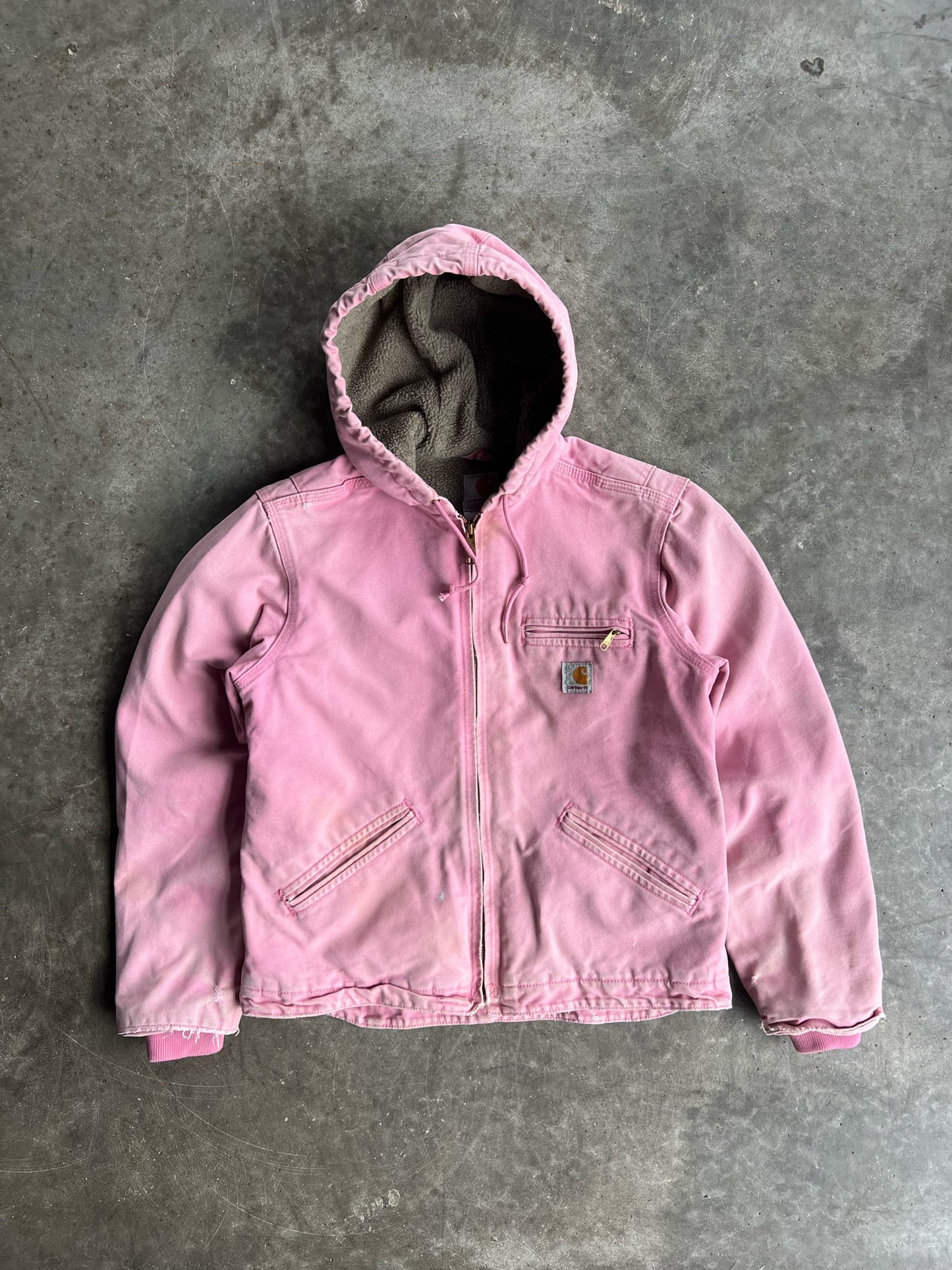 Vintage Faded Baby Pink Sherpa Lined Hooded Carhartt Jacket - S