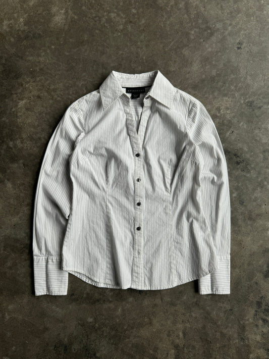 White Pinstripe Button-Up Long Sleeve Shirt - S