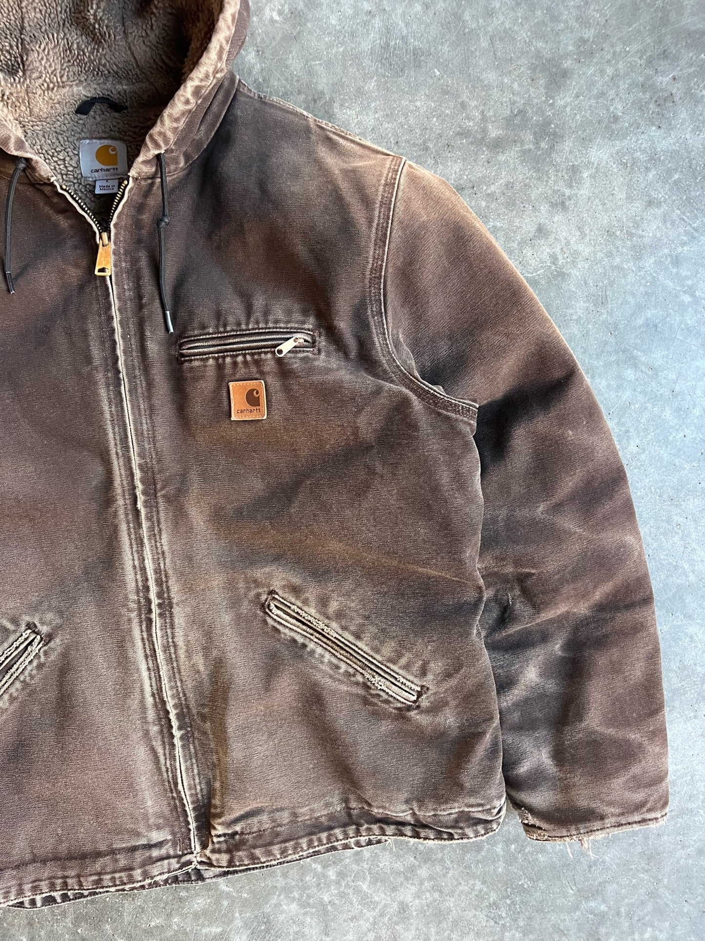 Vintage Faded Brown Sherpa Lined Hooded Carhartt Jacket - L