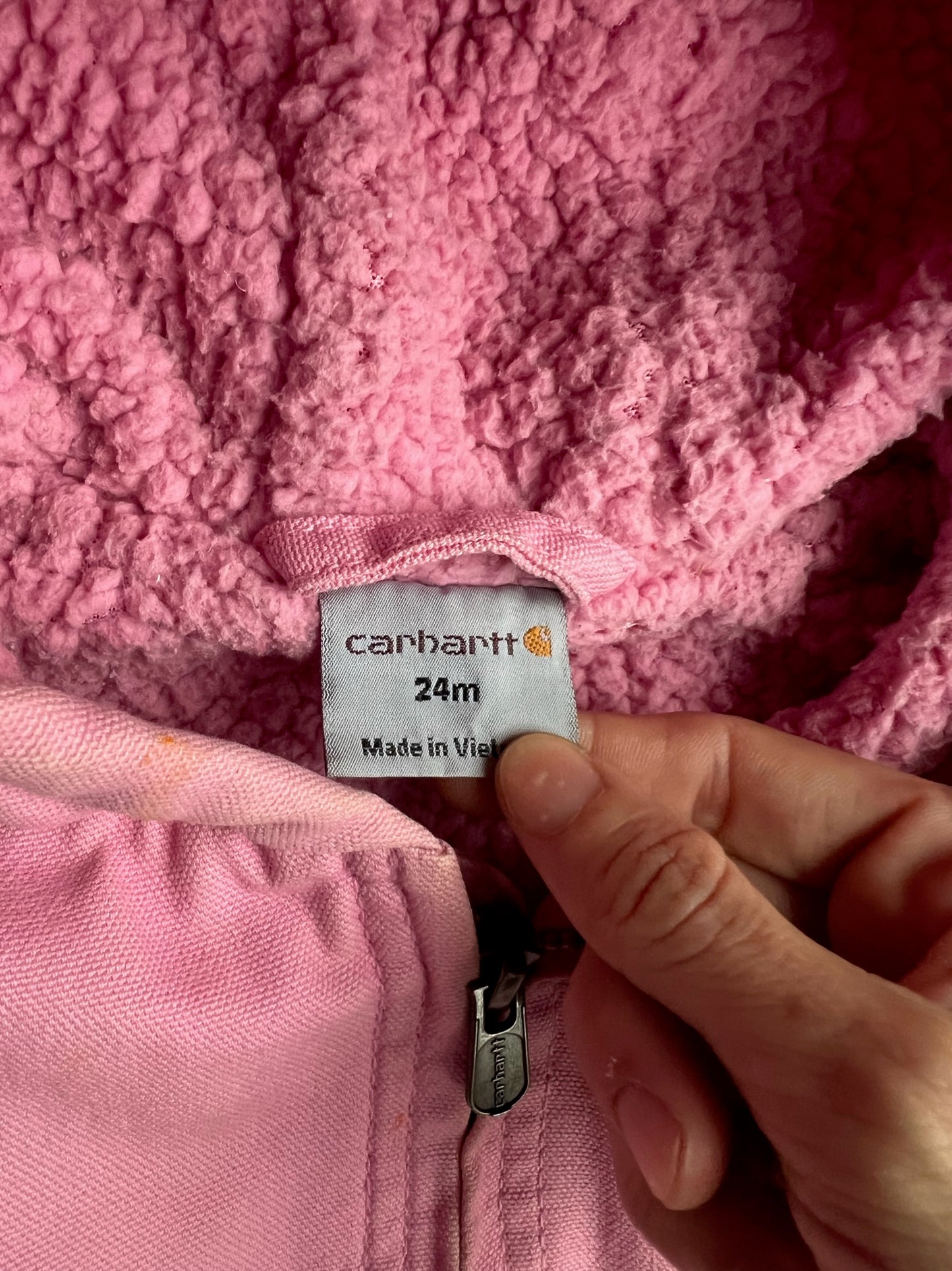 Vintage Baby Pink Sherpa Lined Hooded Carhartt Jacket - 24M