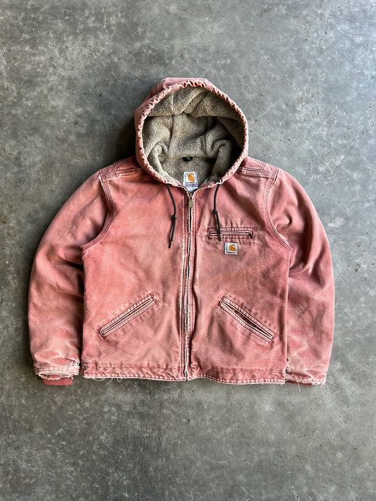 Vintage Salmon Pink Fleece Lined Hooded Carhartt Jacket - M