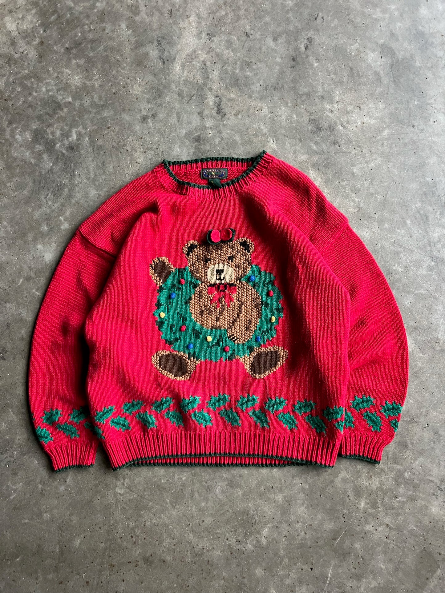 Vintage Red Teddy Bear Wreath Christmas Sweater - M