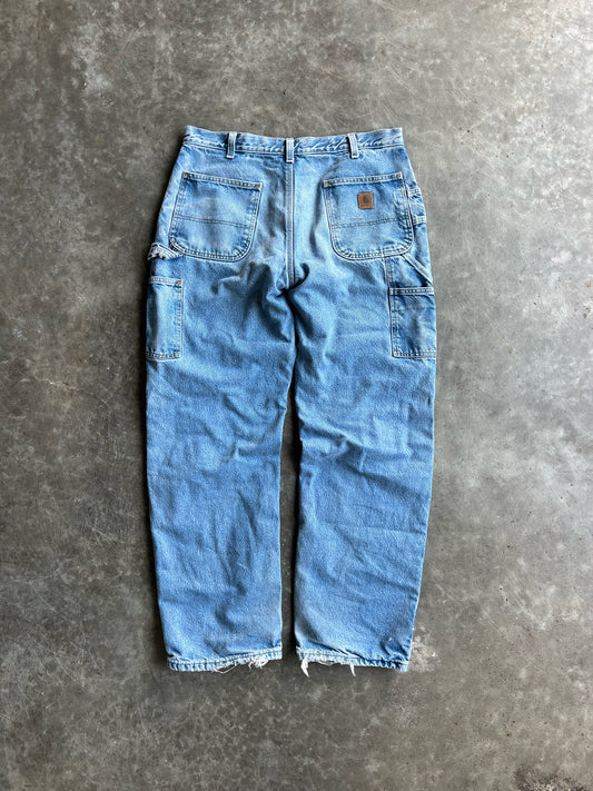 Vintage Faded Medium Wash Flannel Lined Carhartt Pants - 36