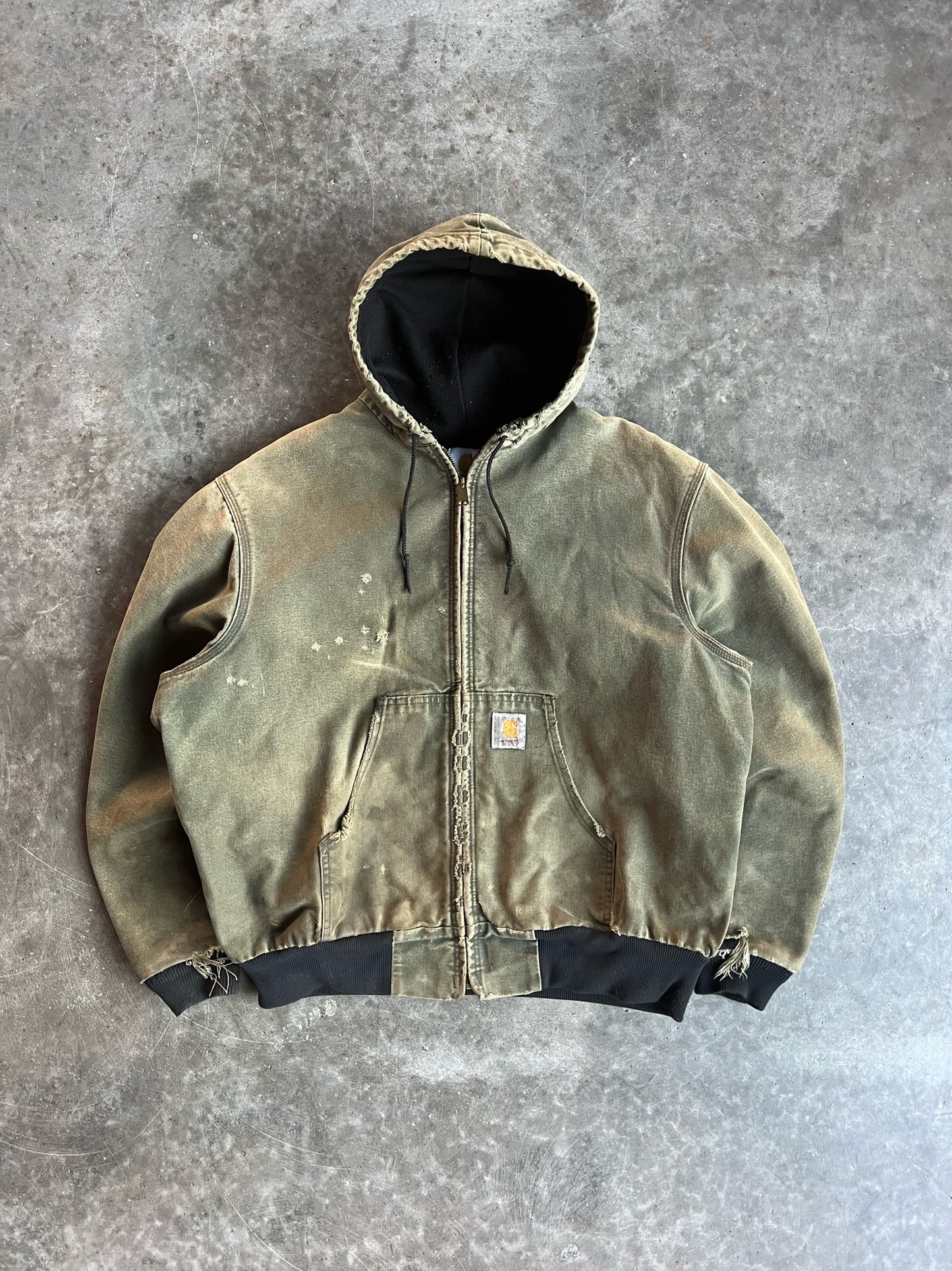 Vintage Faded Army Green Distressed Hooded Carhartt Jacket - L