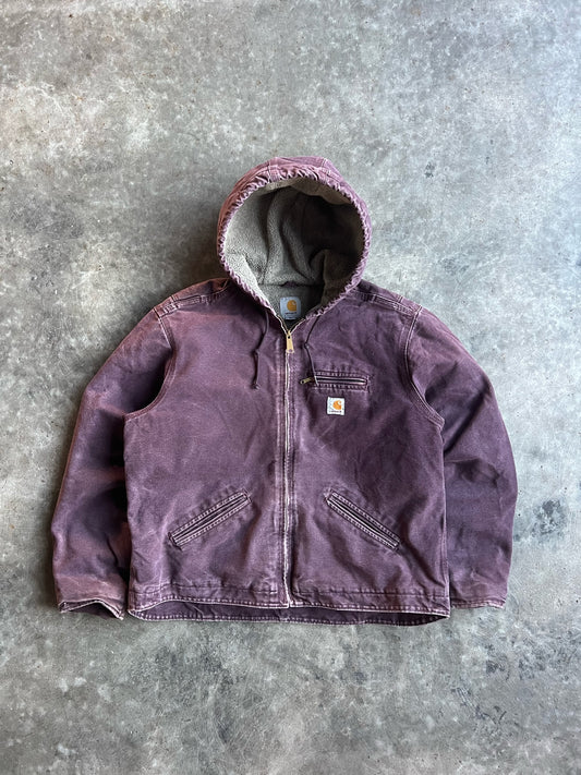 Vintage Faded Plum Sherpa Lined Hooded Carhartt Jacket - XL