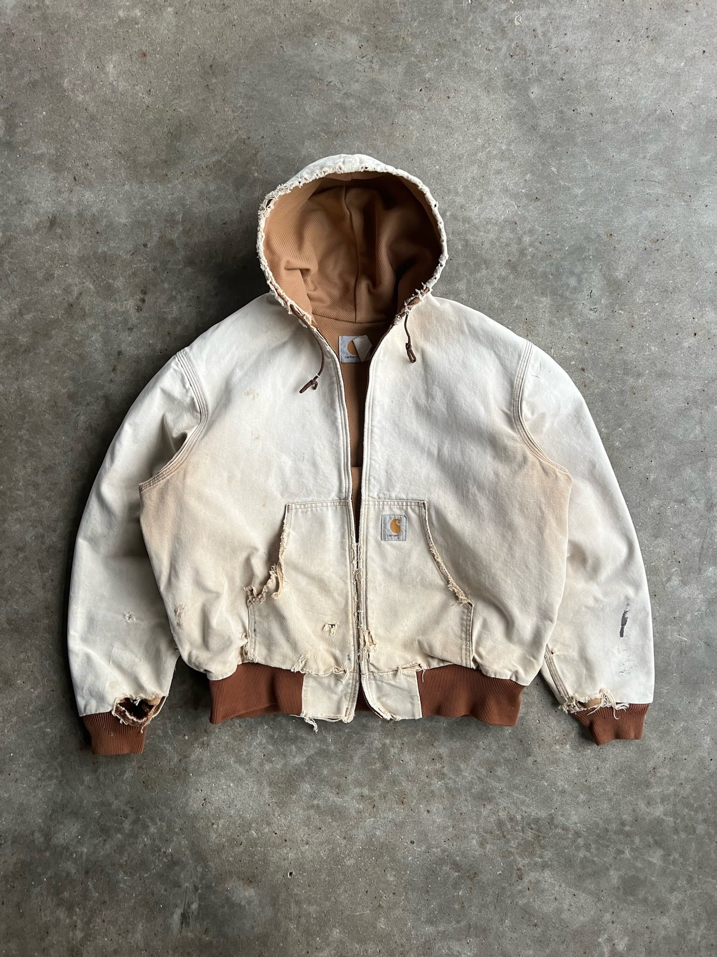 Vintage Cream Distressed Hooded Carhartt Jacket - XL