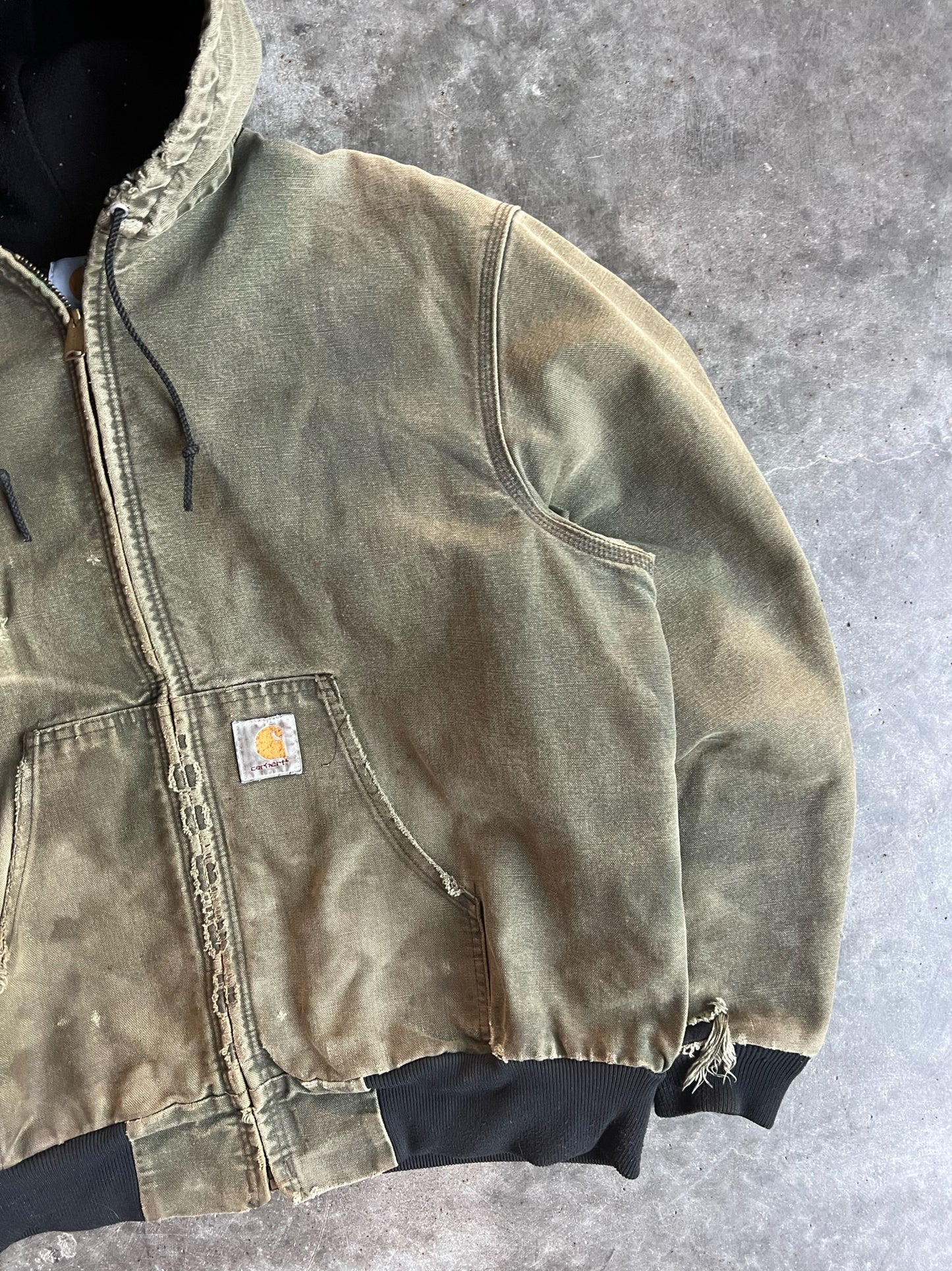 Vintage Faded Army Green Distressed Hooded Carhartt Jacket - L