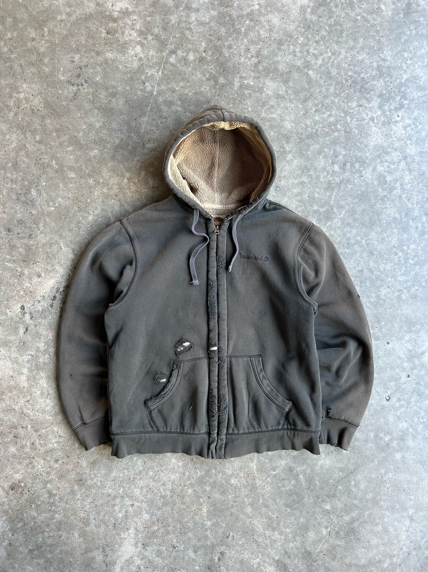 Vintage Faded Black Fleece Lined Hooded Timberland Zip Up - L