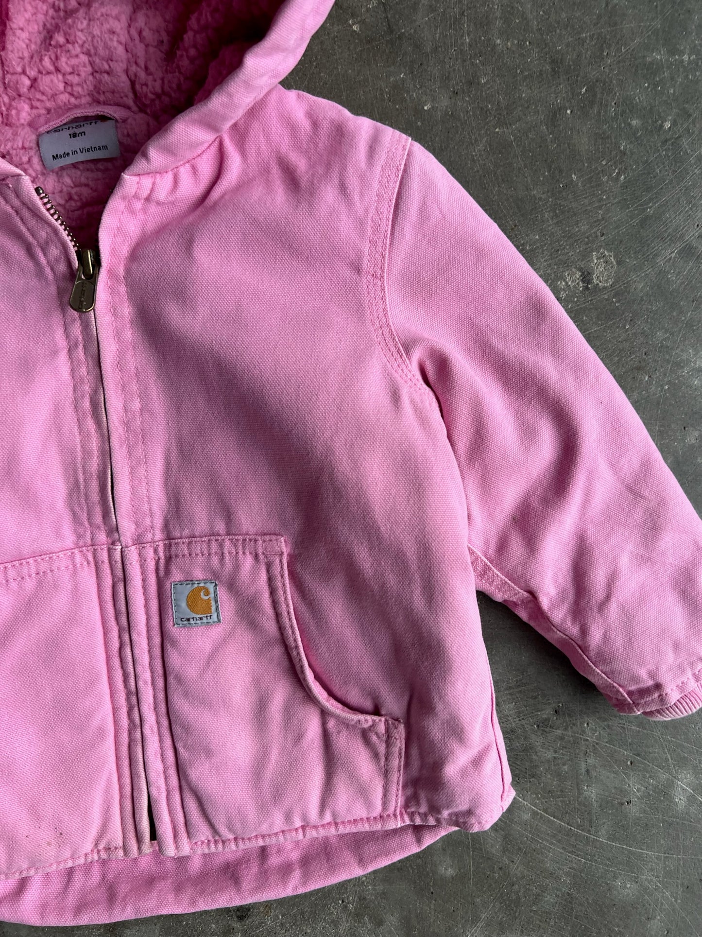 Vintage Baby Pink Sherpa Lined Hooded Carhartt Jacket - 18M