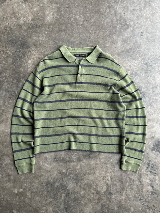 Vintage Cropped Olive Green Striped Polo Long Sleeve Shirt - M