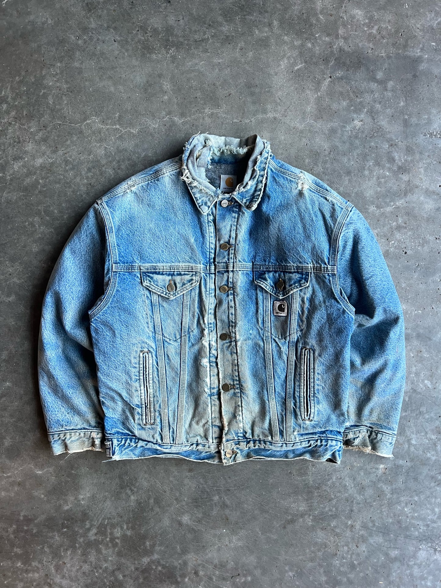 Vintage Distressed Blue Denim Flannel Lined Button Down Carhartt Jacket - XL