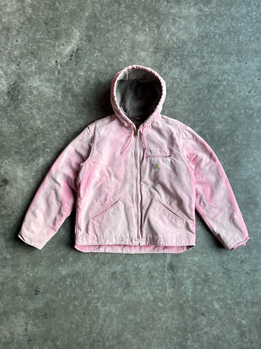 Faded Baby Pink Sherpa Lined Hooded Carhartt Jacket - L