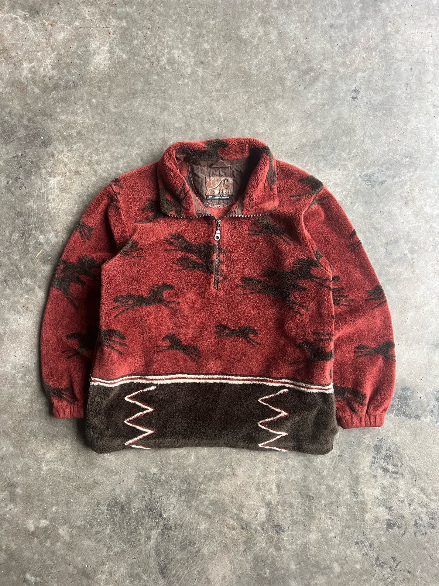 Vintage Tsunami Deep Red Horses Fleece Quarter Zip - S