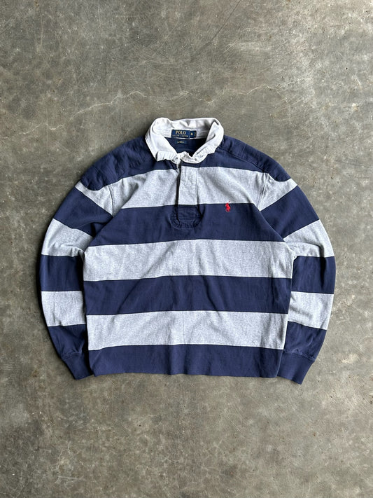 Vintage Navy And Grey Striped Cropped Polo Rugby Long Sleeve - L