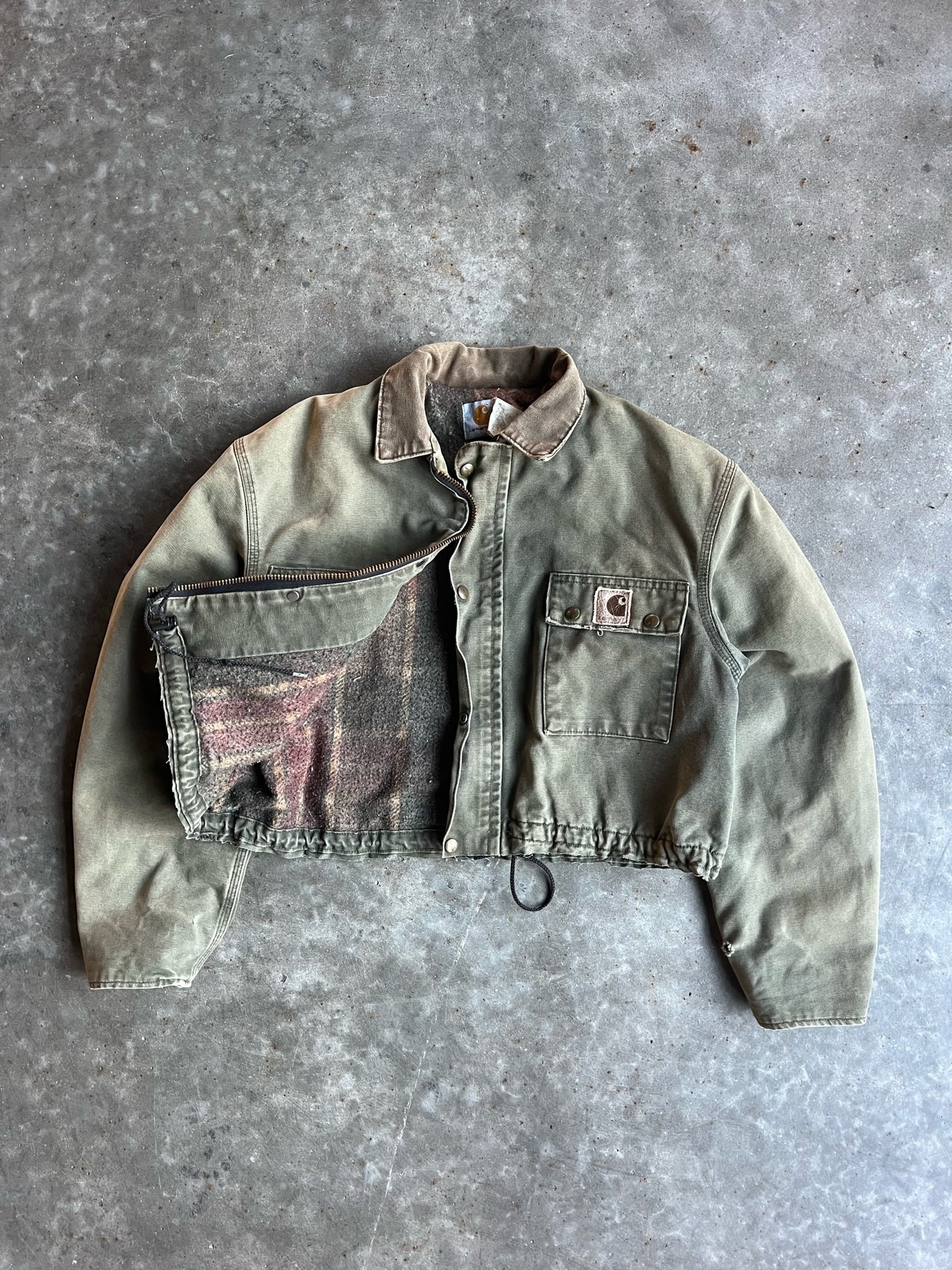 Vintage Faded Olive Green Flannel Lined Cropped Carhartt Jacket - M