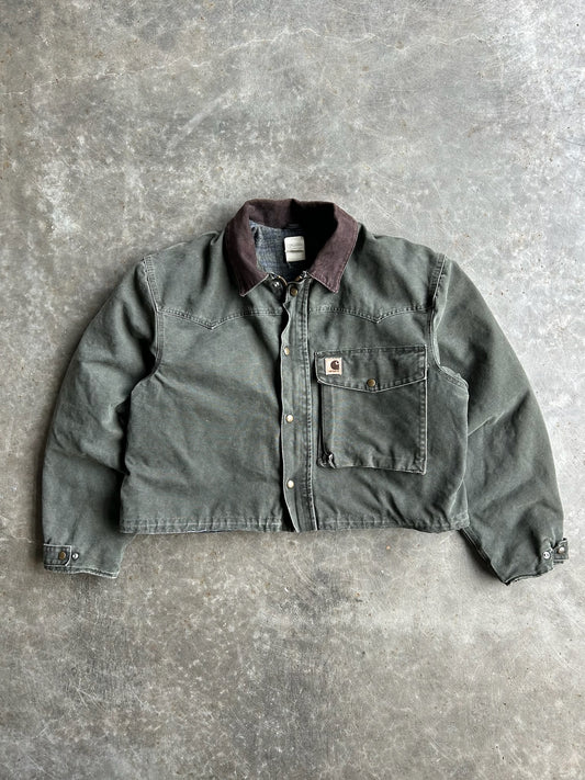 Vintage Faded Green Flannel Lined Cropped Carhartt Jacket - XL