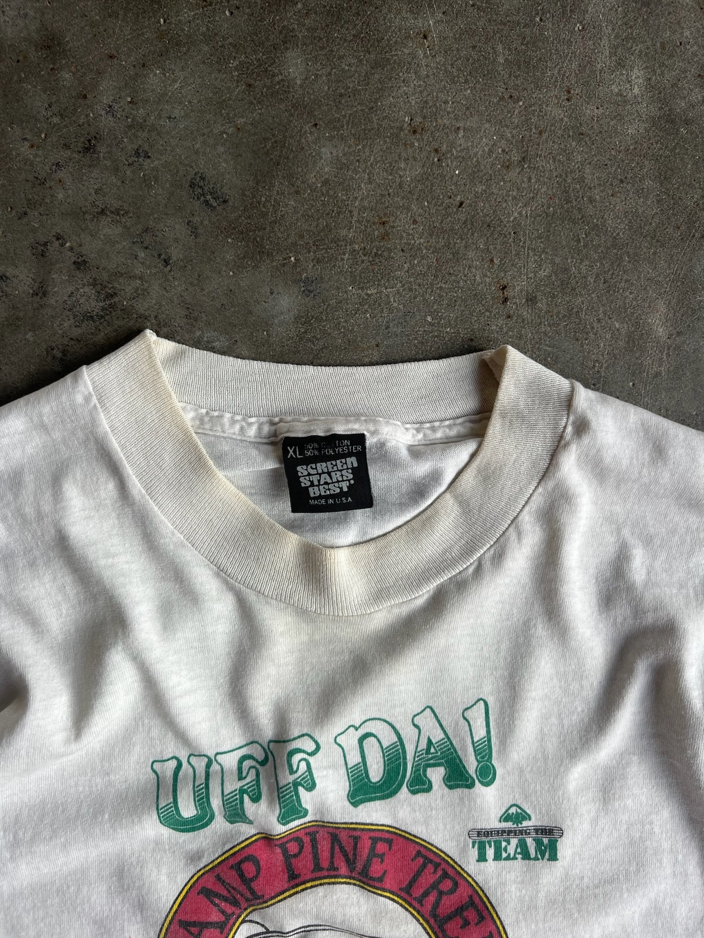 Vintage White Uff Da Camp Pine Tree Shirt - XL