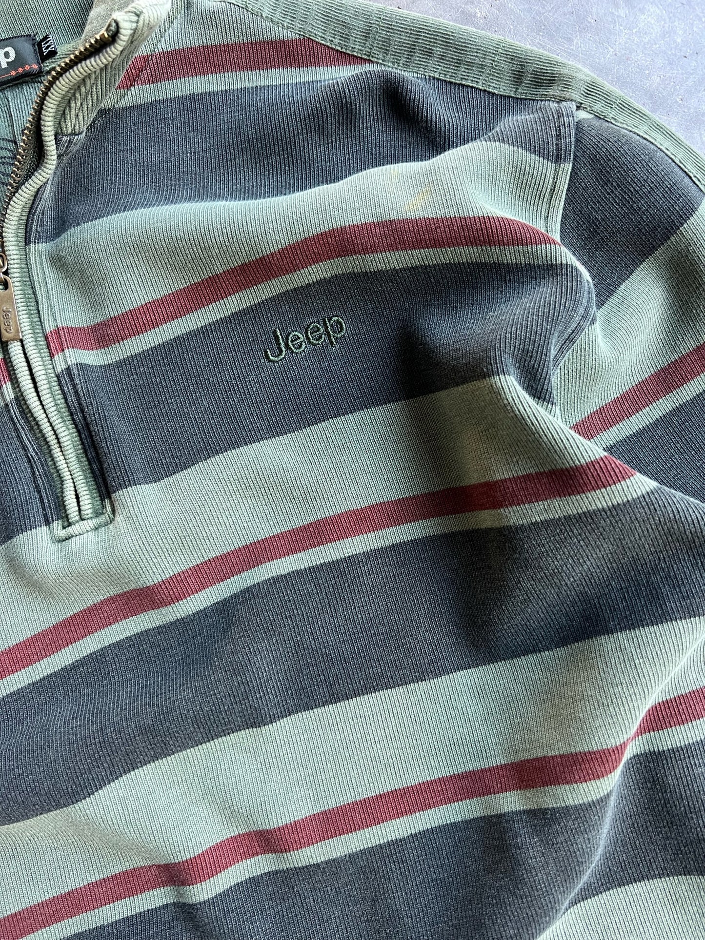 Vintage Green Striped Jeep Cropped Quarter Zip Sweater - XL