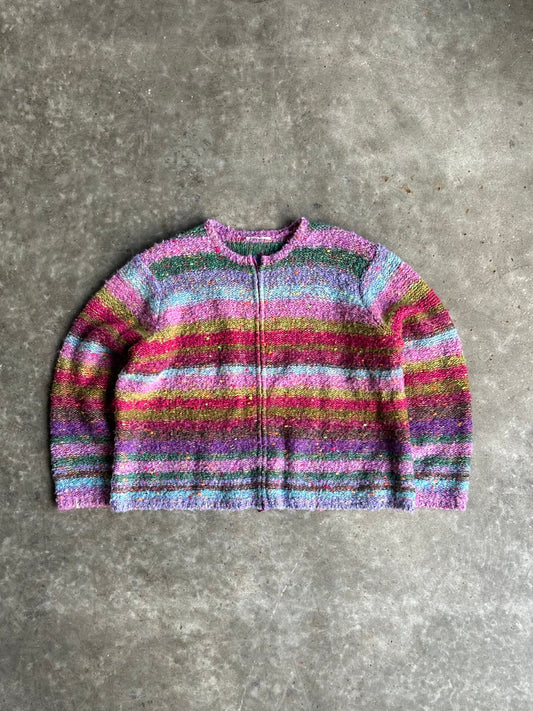 Vintage Colorful Striped Zip Up Sweater - L