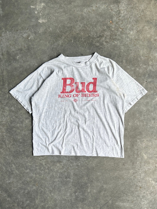 Vintage Single-Stitch Grey 1990 Bud King Of Beers Cropped Tee - XL