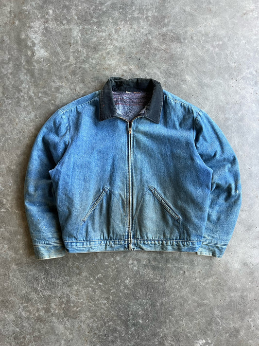 Vintage Flannel Lined Zip Up Denim Jacket - XL