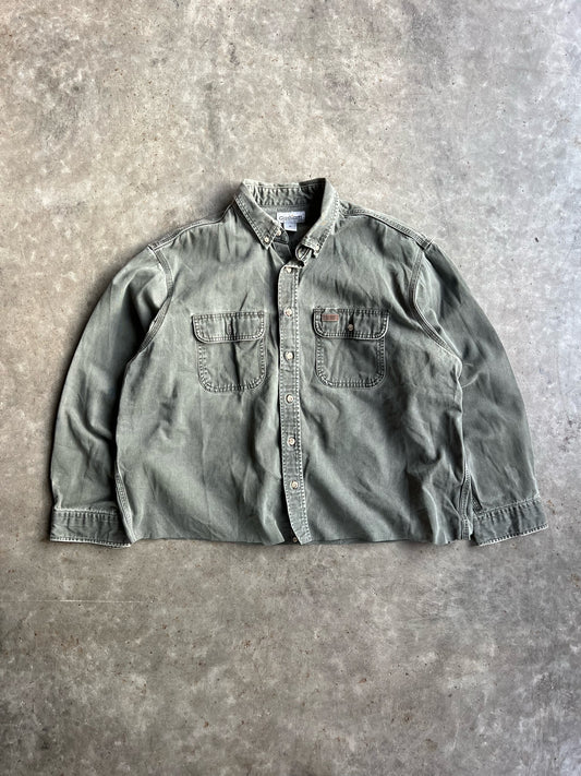 Vintage Faded Green Carhartt Cropped Button Up - XL