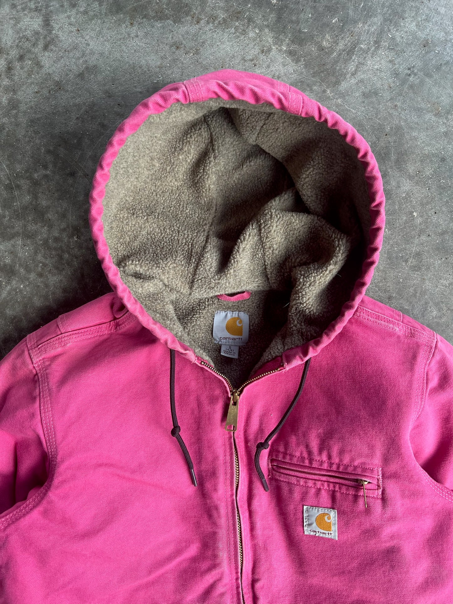 Vintage Pink Sherpa Lined Hooded Carhartt Jacket - S