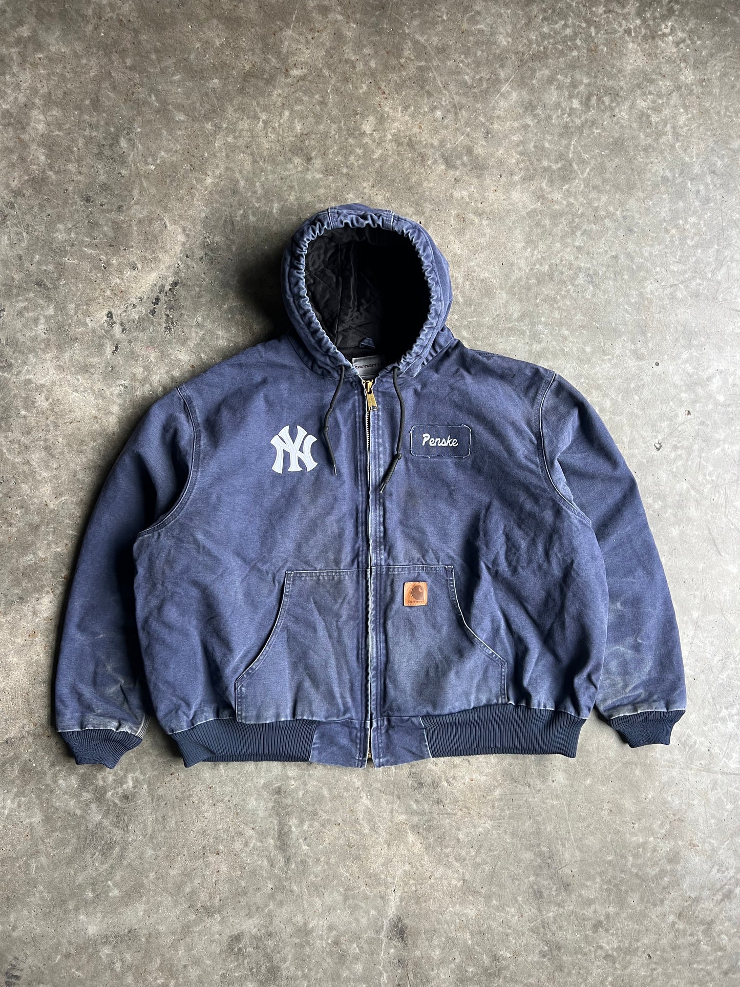 Vintage Navy Yankees Nametag Hooded Carhartt Jacket - XXXL